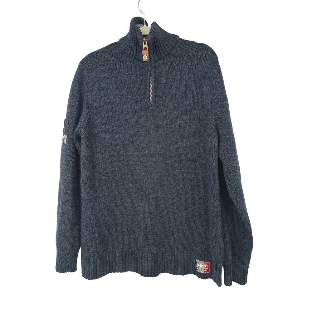 Superdry Quarter Zip Sweater Men L Blue Pullover Wool Blend Streetwear Preppy